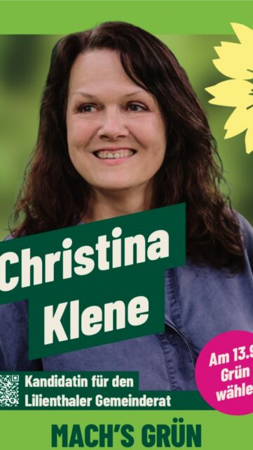 Heute stellt sich unsere Kandidatin Christina Klene bei euch vor 🌻 Christina kandidiert auf Listenplatz 2 und ist bereits seit 15 Jahren im Lilienthaler Gemeinderat tätig. Ihre Themenschwerpunkte sind Natur- und Klimaschutz sowie Senioren & Jugendliche.

Ihr möchtet mehr über Christina erfahren? Dann hört gerne mal rein 🤗

MACH‘S GRÜN 💛💚
Am 13.09.2026 GRÜN wählen 🌻