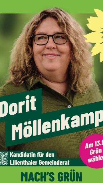 Heute stellt sich unsere Kandidatin Dorit Möllenkamp bei euch vor 🌻 Dorit kandidiert auf Listenplatz 3 und ist bereits seit 5 Jahren im Lilienthaler Gemeinderat tätig. Ihre Themenschwerpunkte sind Bau- und Umweltpolitik.
Ihr möchtet mehr über Dorit erfahren? Dann hört gerne mal rein oder schaut auf unserer Webseite gruene-lilienthal.de vorbei 🤗
MACH‘S GRÜN 💛💚
Am 13.09.2026 GRÜN wählen