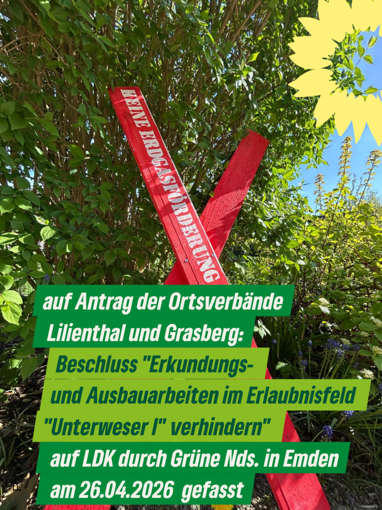 Grüne Niedersachsen: Beschluss „Erkundungs- und Ausbauarbeiten im Erlaubnisfeld „Unterweser I“ verhindern“ – auf Antrag der Ortsverbände Lilienthal und Grasberg- auf LDK am 26.04.2026 gefasst